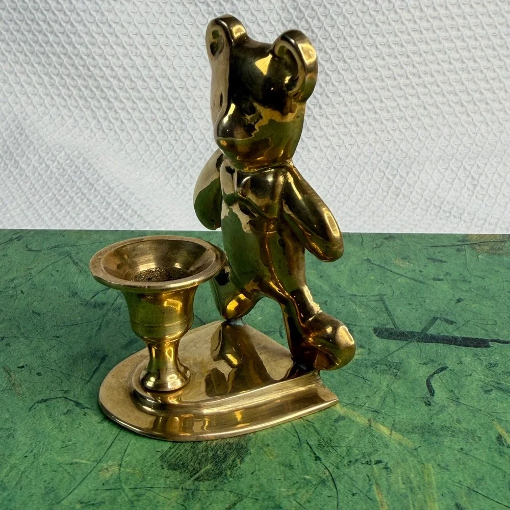 Vintage Solid Brass Teddy Bear Taper Candle Holder Nursery Decor 3.5 Inch